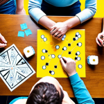 **Brainstorming Session:** A vibrant, colorful image depicting a group of people gathered around a table, enthusiastically brainstorming board game ideas. Include elements like sticky notes, mind maps, and sketches of game components. The scene should convey creativity and collaboration.