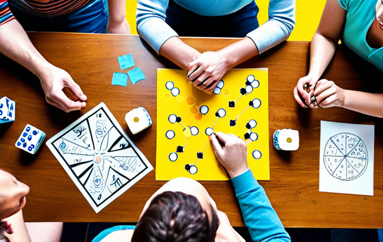 **Brainstorming Session:** A vibrant, colorful image depicting a group of people gathered around a table, enthusiastically brainstorming board game ideas. Include elements like sticky notes, mind maps, and sketches of game components. The scene should convey creativity and collaboration.