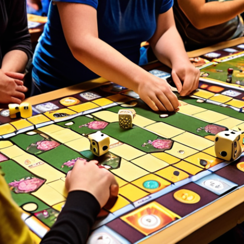 **Prompt:** A vibrant, bustling board game festival. Tables are filled with people of all ages engrossed in various games. The atmosphere is lively, with laughter and animated discussions. Focus on the social interaction and the tangible elements of the games (cards, dice, boards). Warm, inviting lighting.