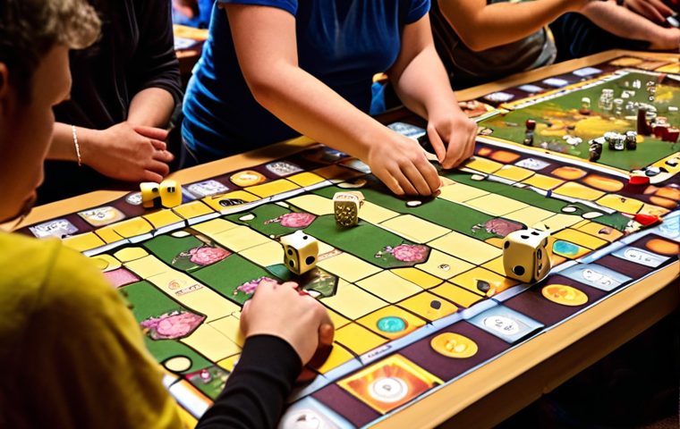 **Prompt:** A vibrant, bustling board game festival. Tables are filled with people of all ages engrossed in various games. The atmosphere is lively, with laughter and animated discussions. Focus on the social interaction and the tangible elements of the games (cards, dice, boards). Warm, inviting lighting.