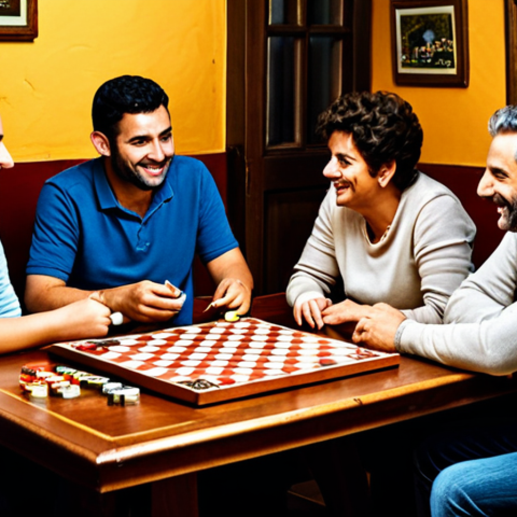 **

"A group of friends fully clothed, gathered around a table in a cozy "tasca" (traditional Portuguese eatery), playing a board game, appropriate attire, safe for work, professional photography, family-friendly, well-lit, warm atmosphere."

**