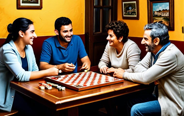 **
"A group of friends fully clothed, gathered around a table in a cozy "tasca" (traditional Portuguese eatery), playing a board game, appropriate attire, safe for work, professional photography, family-friendly, well-lit, warm atmosphere."
**
