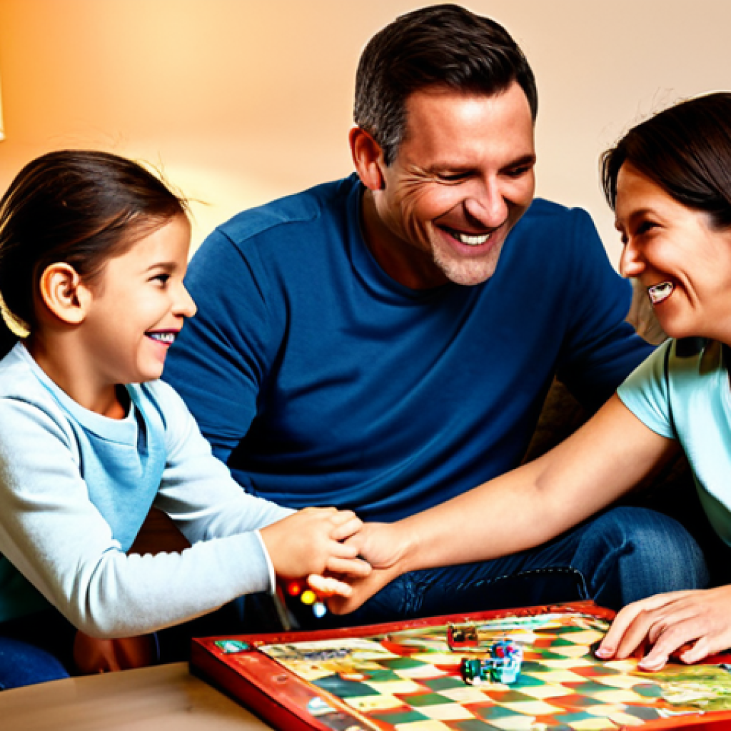 Family Game Night**
A family (mother, father, and two children) sitting around a table, fully clothed, playing a board game. The table is in a cozy living room with warm lighting. The board game is colorful and engaging. Everyone is smiling and having fun. Emphasis on the joy of family interaction and connection. Safe for work, appropriate content, fully clothed, professional photography, perfect anatomy, natural proportions, family-friendly.
**