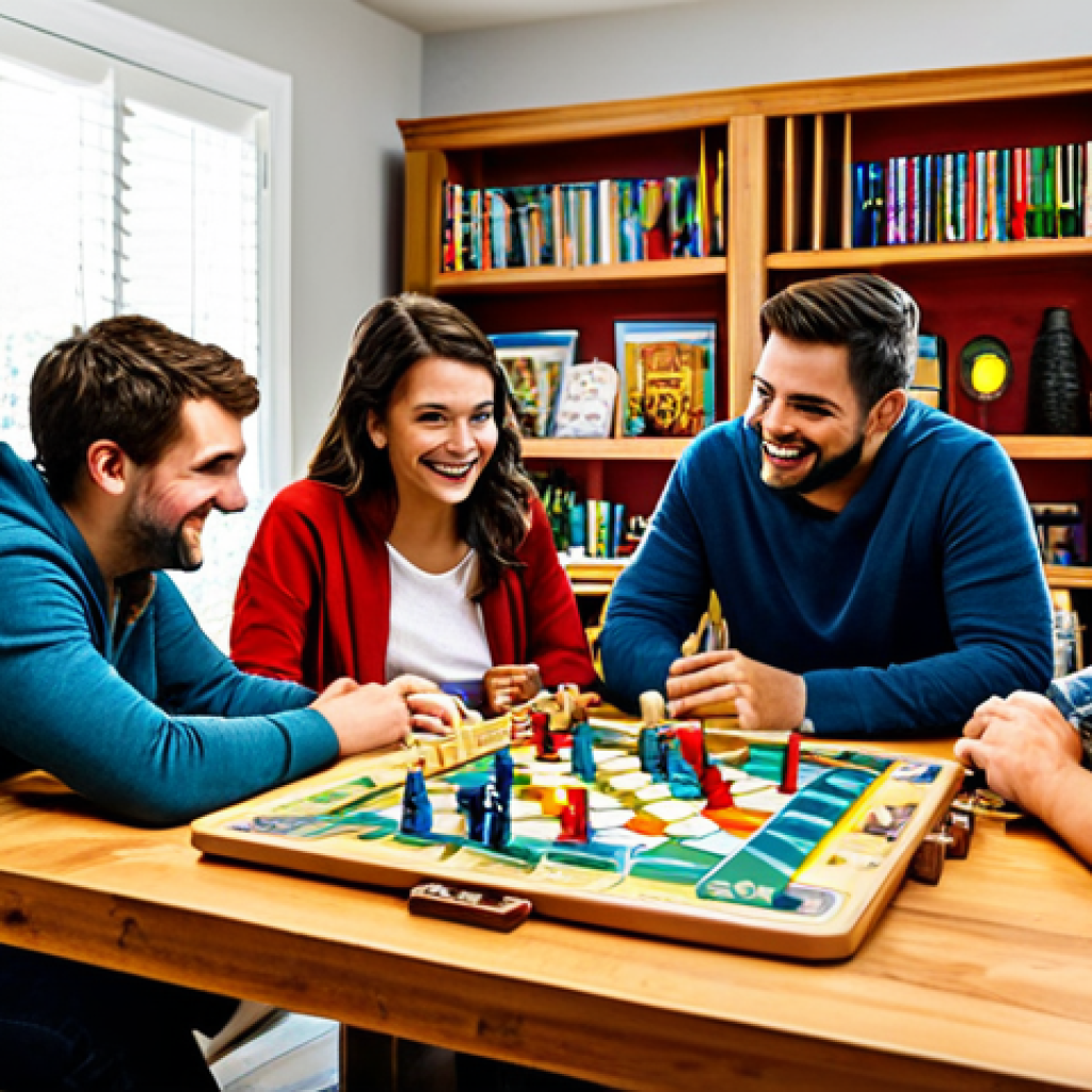 Game Night Gathering**

"A group of friends, fully clothed in comfortable and casual attire, gathered around a large wooden table in a brightly lit game room. They are playing a modern board game with colorful components. Shelves filled with board games line the walls. Safe for work, appropriate content, professional photography, perfect anatomy, natural proportions, family-friendly."

**