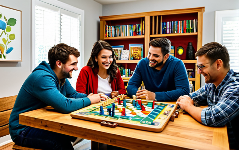 Game Night Gathering**
"A group of friends, fully clothed in comfortable and casual attire, gathered around a large wooden table in a brightly lit game room. They are playing a modern board game with colorful components. Shelves filled with board games line the walls. Safe for work, appropriate content, professional photography, perfect anatomy, natural proportions, family-friendly."
**