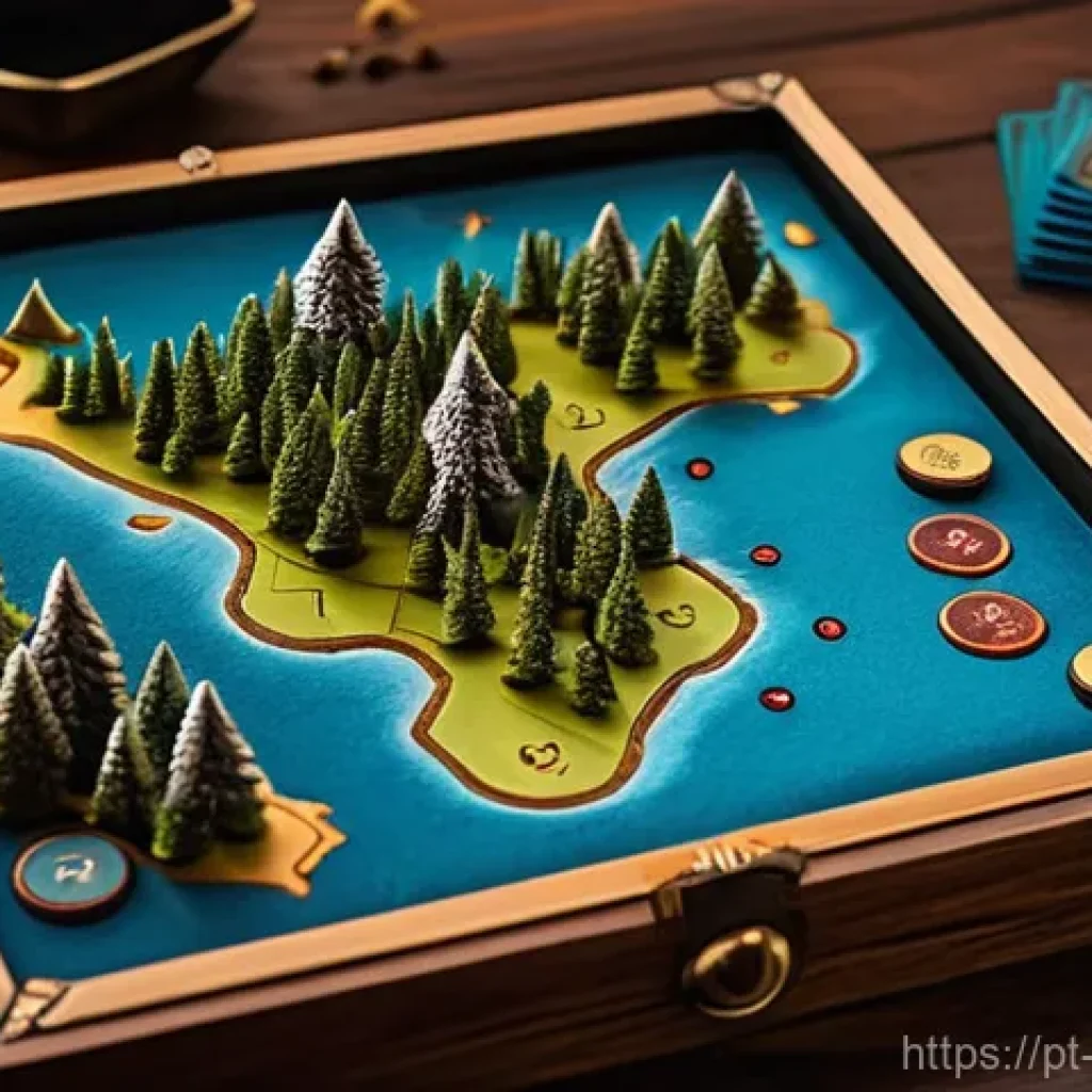 보드게임 품질 비교 - **Prompt:** A close-up, top-down shot of a beautifully crafted board game setup on a polished wooden...