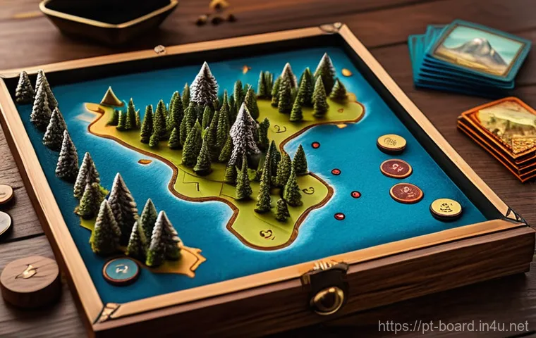 보드게임 품질 비교 - **Prompt:** A close-up, top-down shot of a beautifully crafted board game setup on a polished wooden...