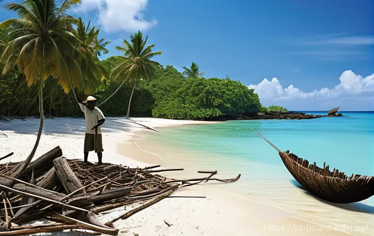 보드게임 서바이벌 - **Prompt 1: Castaways' Makeshift Shelter**
"A diverse group of three adult castaways, two men an...