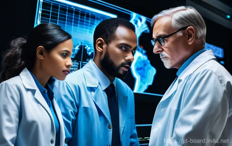 보드게임 팬데믹 전략 - **Prompt:** A diverse group of four highly focused scientists and experts (male and female, various ...