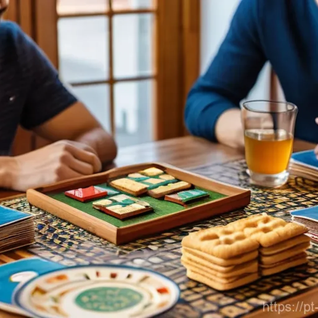 보드게임과 팬덤 문화 - A Modern Board Game Evening in Portugal**
"A wide-angle, inviting shot of four diverse friends (mid...