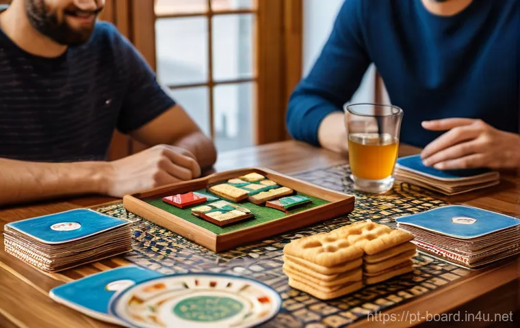 보드게임과 팬덤 문화 - A Modern Board Game Evening in Portugal**
"A wide-angle, inviting shot of four diverse friends (mid...