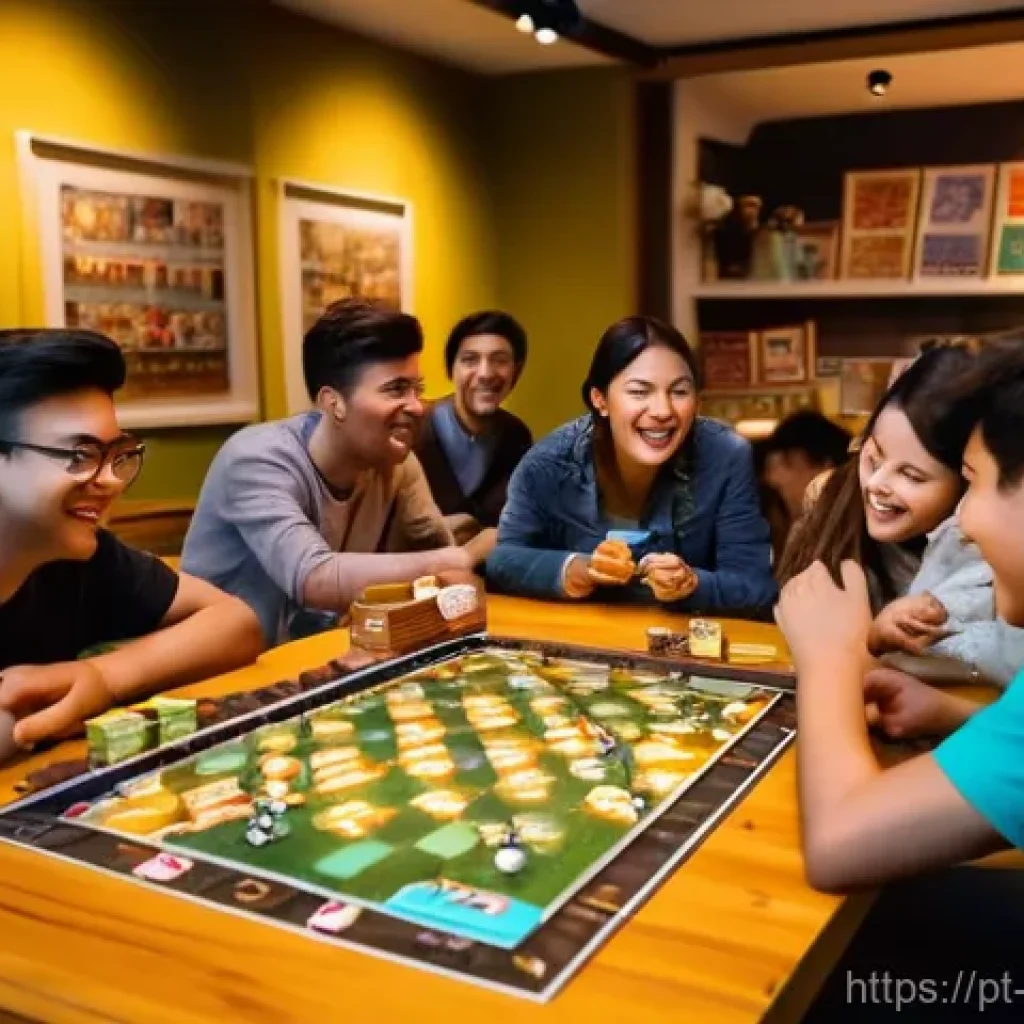 보드게임 테마파크 - **Prompt:** A bustling, cozy "luderia" (board game cafe) filled with diverse groups of people aged 1...