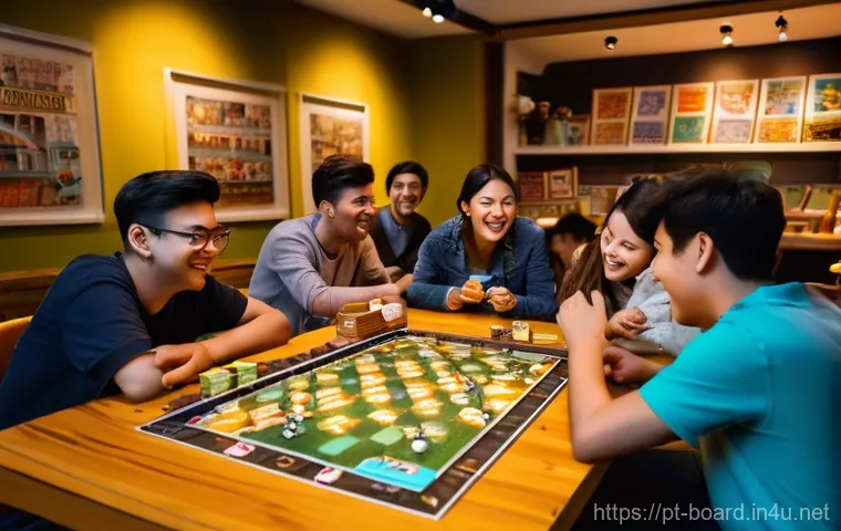 보드게임 테마파크 - **Prompt:** A bustling, cozy "luderia" (board game cafe) filled with diverse groups of people aged 1...