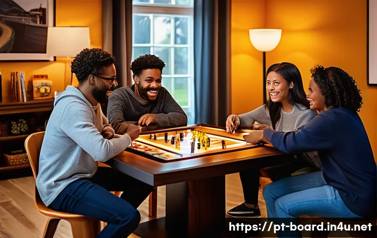 보드게임 전용 테이블 - **Prompt 1: The Immersive Game Night**
"A vibrant scene capturing a group of 4-6 diverse friends...